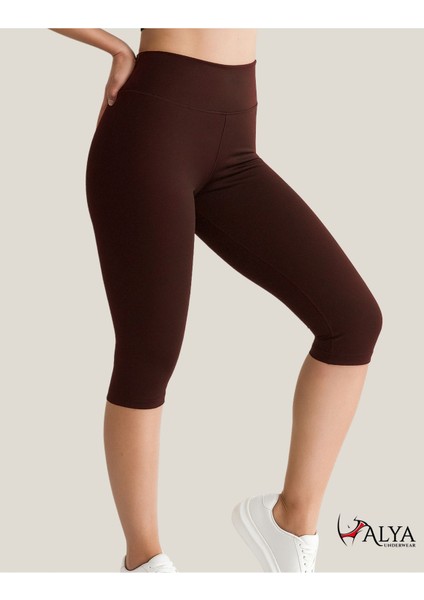 Diz Altı Kapri Tayt Yüksek Bel Likralı Dalgıç Kumaş ( Kahverengi, Xl )