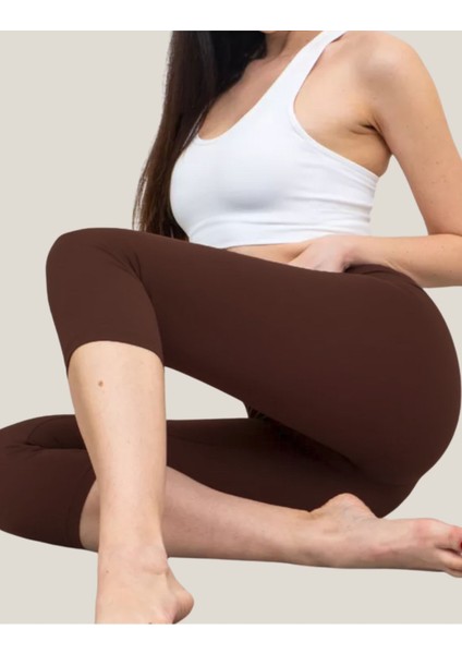 Diz Altı Kapri Tayt Yüksek Bel Likralı Dalgıç Kumaş ( Kahverengi, Xl ) fırsatları