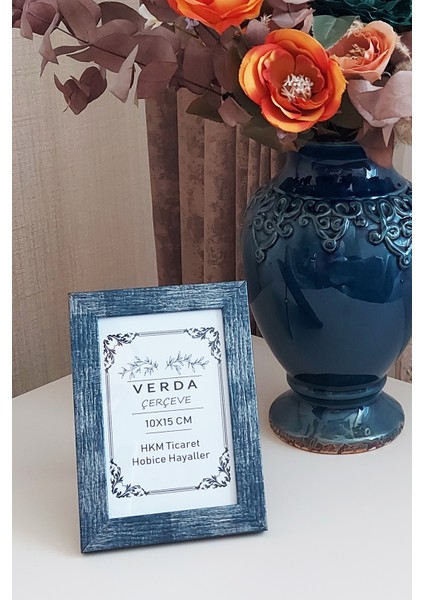 10X15 cm Fotoğraf Çerçevesi! Ahşap Ayaklı Pvc Camlı Dekoratif Masaüstü Çerçeve! Mavi Renk