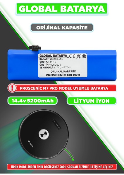 Proscenic M8 Pro Uyumlu Akıllı Robot Süpürge Bataryası 14.4V 5200MAH Li-Ion Pil (Orijinal Kapasite)