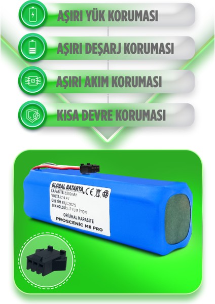 Proscenic M8 Pro Uyumlu Akıllı Robot Süpürge Bataryası 14.4V 5200MAH Li-Ion Pil (Orijinal Kapasite) fiyatları