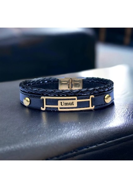 14 Ayar Plakalı Altın Umut Ismine Özel Dikdörtgen Motifli Siyah Derili Hediye BILEKLIK-591ISIM