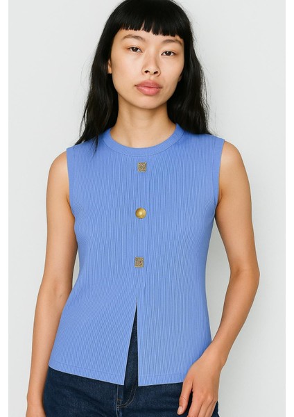 Bisiklet Yaka Düğme Detaylı Dokuma Bluz