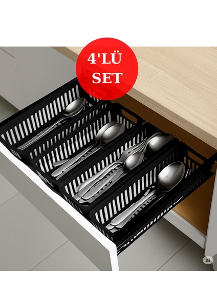 4'lü Siyah Çekmece Içi Organizer Mutfak ve Banyo Düzenleyici