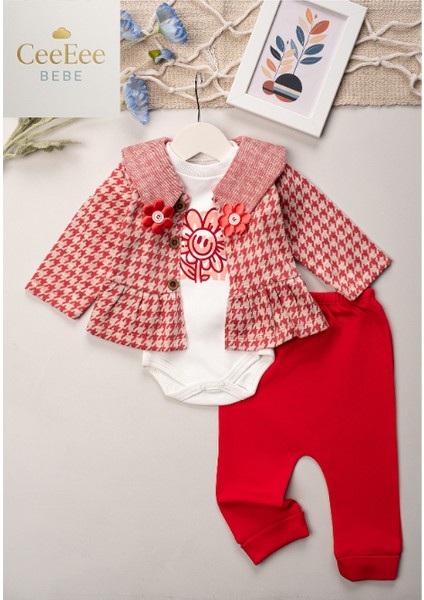 Kazayağı Desenli Fırfırlı Hırkalı 3'lü Bebek Takımı