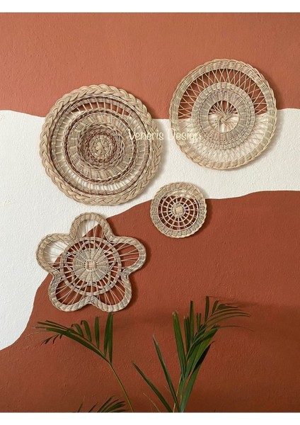 4’lü Rattan ve Bambu Duvar Dekoru Seti, Bohem Tarzı Hasır Tabağı