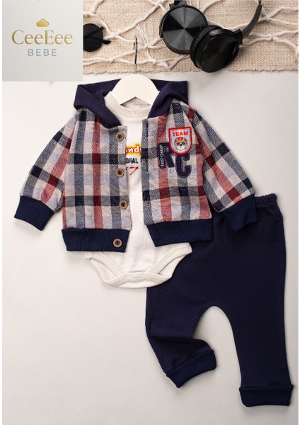 Ekose Kapüşonlu Hırkalı 3'lü Bebek Takımı