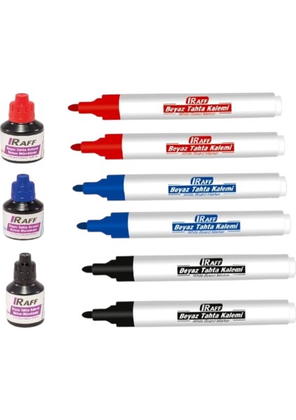 (Kırmızı-Mavi-Siyah) Yazı Tahtası Kalem Seti (2'şer Adet Kalem+3 Renk 30 cc Mürekkep)