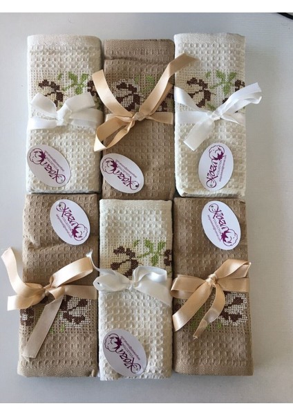 6’lı Kanaviçe Nakışlı Krem-Kahve Peçete, 40X60 Cm, Şık ve Kullanışlı Set