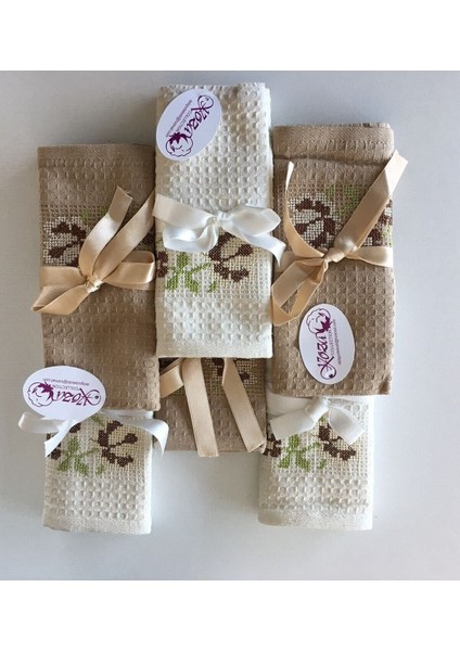 6’lı Kanaviçe Nakışlı Krem-Kahve Peçete, 40X60 Cm, Şık ve Kullanışlı Set modelleri
