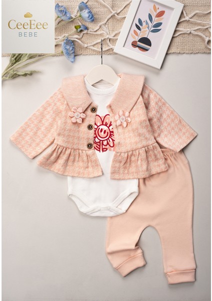 Kazayağı Desenli Fırfırlı Hırkalı 3'lü Bebek Takımı