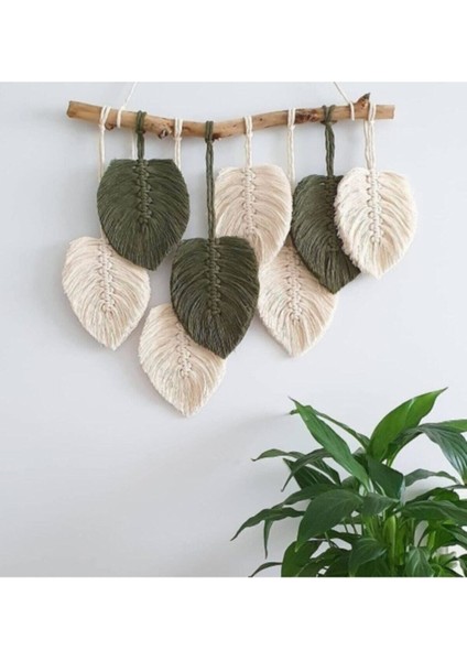 Yeşil Krem Yaprak Makrome Duvar Süsü, Doğal Ahşap Dal Üzerinde Dekoratif Aksesuar