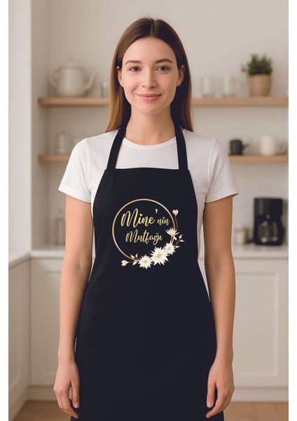 Kişiye Özel Altın Papatya Tasarımlı Siyah Mutfak Önlüğü