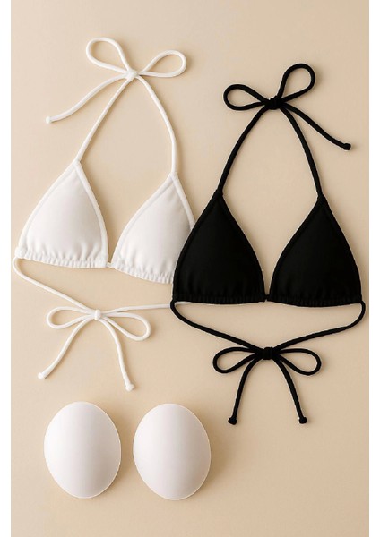 - Kadın Siyah ve Beyaz Minimal Kesim Üçgen Bikini Üstü modelleri