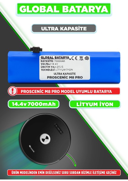 Proscenic M8 Pro Uyumlu Akıllı Robot Süpürge Bataryası 14.4V 7000MAH Li-Ion Pil (Ultra Kapasite)