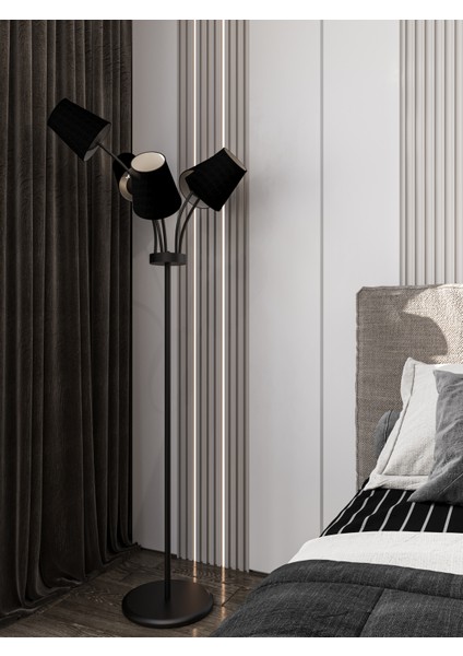 Florina Modern Siyah Metal Siyah 5 Kumaş Başlıklı Asimetrik Metal Lambader