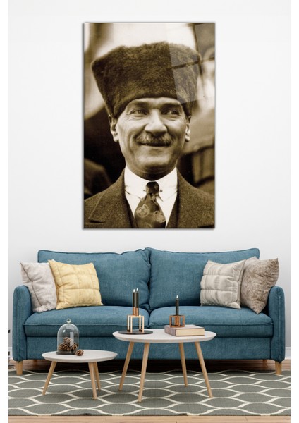 Neşeli Atatürk Portresi Cam Tablo, Modern Ev Ofis Dekor, Hediyelik Duvar Dekorasyonu, Kırılmaz Cam modelleri