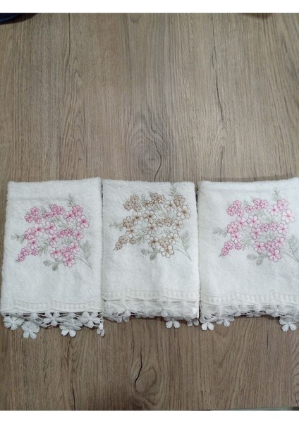 3'lü 30X50 Ekru Bamboo Nakışlı Güpürlü Havlu Seti