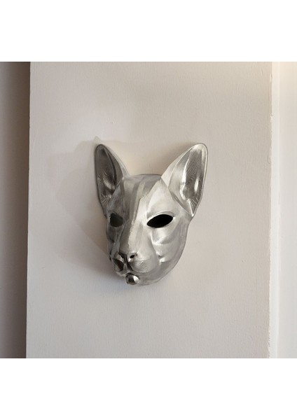 El Yapımı Dekoratif Kedi Yüz Maskesi, Şık ve Doğal Duvar Süsü, Gümüş Renkli Tasarım