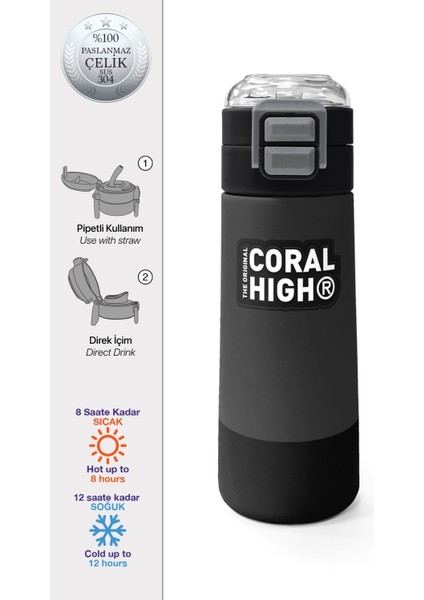 Kids Koyu Gri Siyah Desenli Pipetli ve Direkt Içim Çelik Termos 500 ml 31824