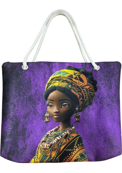 Sedosh Home Mor Zeminli Etnik Zenci Kadın Figürlü Kumaş Çanta – Büyük Boy, Halat Saplı, Fermuarlı, Günlük ve Plaj Kullanımına Uygun (45X35 Cm)