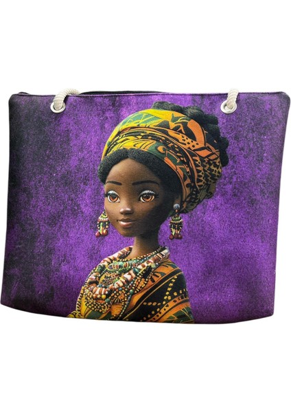 Sedosh Home Mor Zeminli Etnik Zenci Kadın Figürlü Kumaş Çanta – Büyük Boy, Halat Saplı, Fermuarlı, Günlük ve Plaj Kullanımına Uygun (45X35 Cm) fiyatları