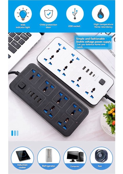 Evrensel Güç Şeridi 1.8m Uzatma Kablosu Usb-C ve USB Bağlantı Noktaları Çoklu Çıkışlı Elektrik Prizi Ab Fişi Siyah (Yurt Dışından) fırsatları