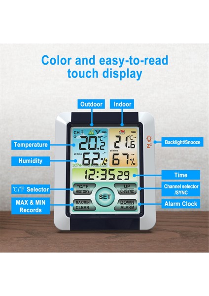 Dokunmatik Ekran Monitör ve Nem Takibi Kablosuz Hava Istasyonu, Ev Iç Mekan Dış Mekan Kombinasyonu Için Dış Mekan Sensörü ile (Yurt Dışından) indirimleri