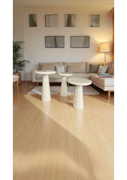 3’lü Ahşap Mantar Yan Sehpa Seti – Krem Renk Şık Sehpa Takımı