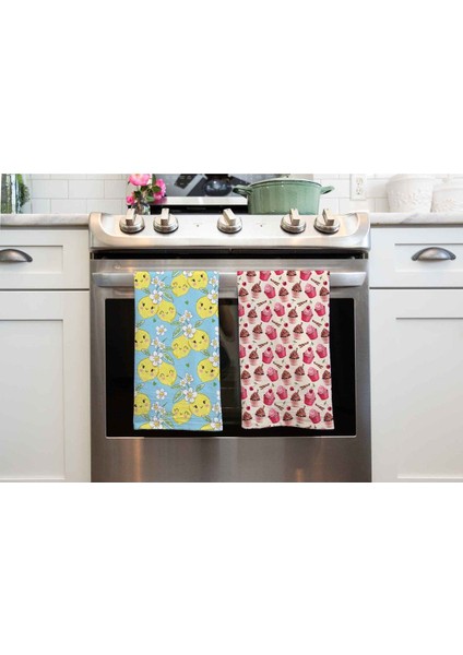 Renkli 2'li Mutfak El Havlusu Gülen Yüz ve Cupcake Desenli Set