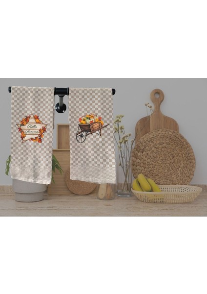 Turuncu Balkabağı Temalı Sonbahar Mutfak Havlusu ve Peçete Seti, 2'li modelleri