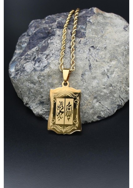 Allah ve Muhammed Yazlı Kolye Paslanmaz Çelik Zincir Altın Kaplama 3mm 902096