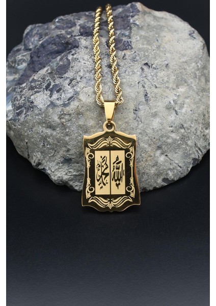 Allah ve Muhammed Yazlı Kolye Paslanmaz Çelik Zincir Altın Kaplama 3mm 902096 fiyatları