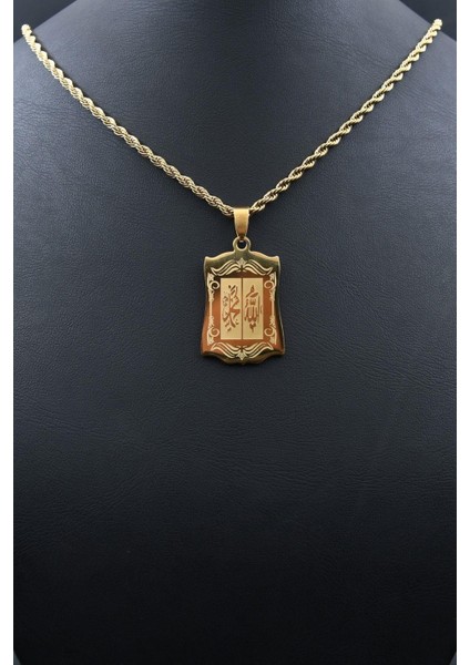 Allah ve Muhammed Yazlı Kolye Paslanmaz Çelik Zincir Altın Kaplama 3mm 902096 fırsatları