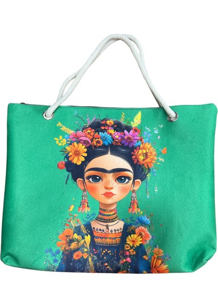 Sedosh Home Frida Desenli Kadın Plaj Çantası – Büyük Boy Fermuarlı, Halat Saplı, Yıkanabilir Kumaş (45X35 cm – 25 Litre)