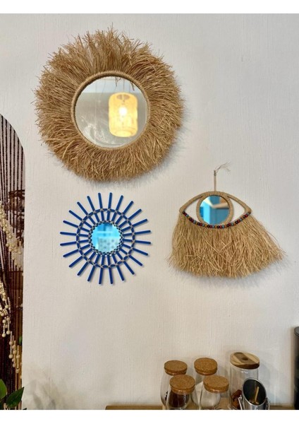 40 cm Mavi Rattan Ahşap Yarım Göz Ayna, El Yapımı Duvar Dekoru