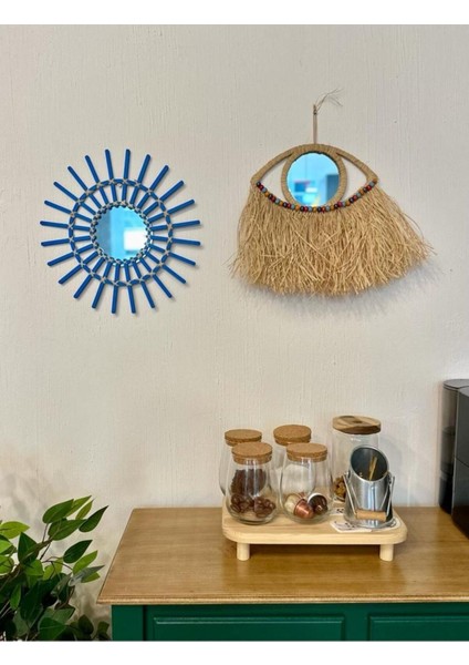 40 cm Mavi Rattan Ahşap Yarım Göz Ayna, El Yapımı Duvar Dekoru fiyatları
