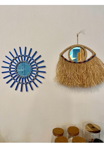 40 cm Mavi Rattan Ahşap Yarım Göz Ayna, El Yapımı Duvar Dekoru modelleri
