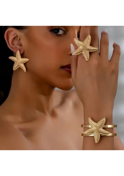 Deniz Yıldızı Charm Bileklik ve Küpe Yüzük Seti Altın Kaplama
