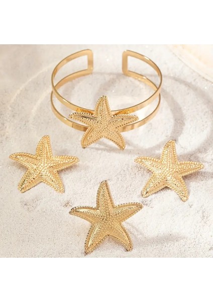 Deniz Yıldızı Charm Bileklik ve Küpe Yüzük Seti Altın Kaplama fiyatları