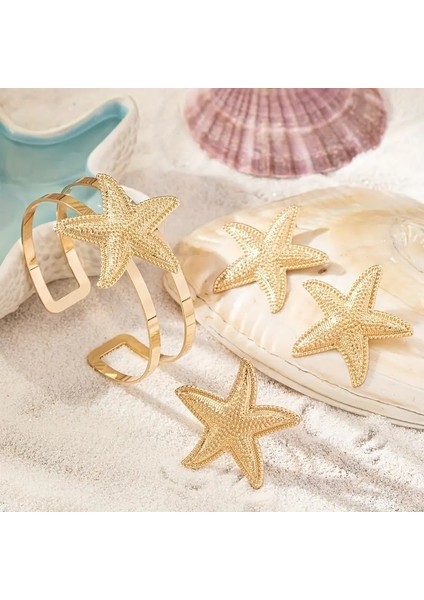 Deniz Yıldızı Charm Bileklik ve Küpe Yüzük Seti Altın Kaplama indirimleri
