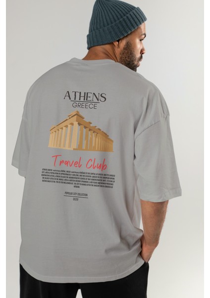 Athens Greece Arka Baskılı Oversize T-Shirt Erkek Kadın Pamuk Bisiklet Yaka Tişort