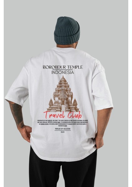 Borobdur Temple Indonesia Arka Baskılı Oversize T-Shirt Erkek Kadın Pamuk Bisiklet Yaka Tişort