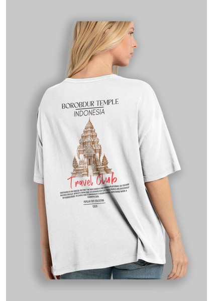 Borobdur Temple Indonesia Arka Baskılı Oversize T-Shirt Erkek Kadın Pamuk Bisiklet Yaka Tişort modelleri