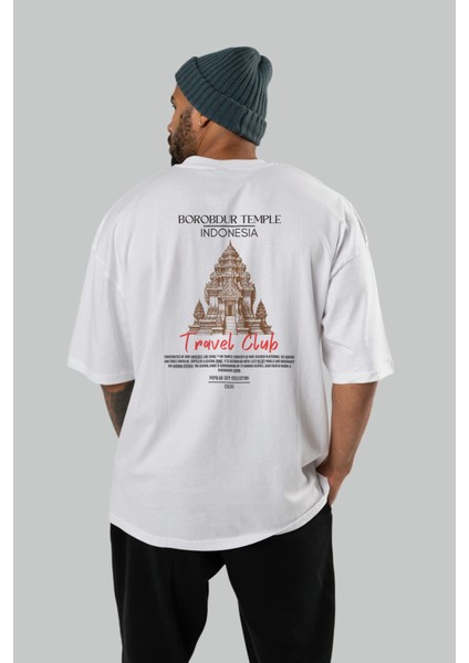 Borobdur Temple Indonesia Arka Baskılı Oversize T-Shirt Erkek Kadın Pamuk Bisiklet Yaka Tişort fırsatları