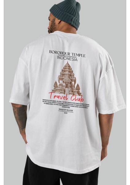 Borobdur Temple Indonesia Arka Baskılı Oversize T-Shirt Erkek Kadın Pamuk Bisiklet Yaka Tişort indirimleri