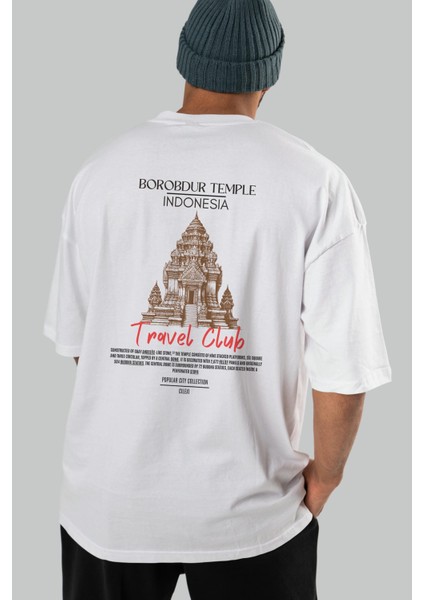 Borobdur Temple Indonesia Arka Baskılı Oversize T-Shirt Erkek Kadın Pamuk Bisiklet Yaka Tişort