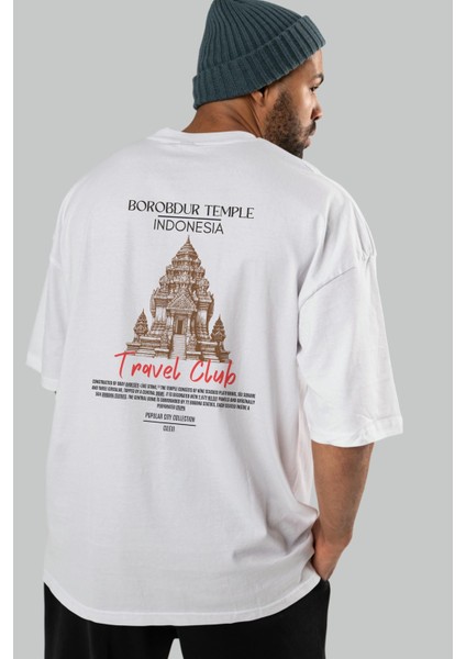 Borobdur Temple Indonesia Arka Baskılı Oversize T-Shirt Erkek Kadın Pamuk Bisiklet Yaka Tişort