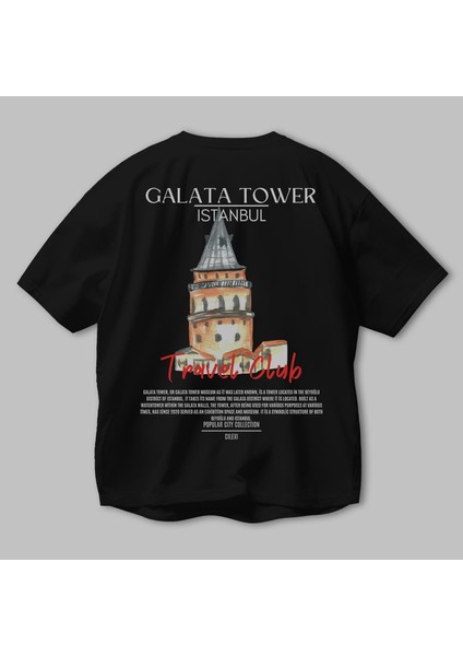 Galata Tower Istanbul Arka Baskılı Oversize T-Shirt Erkek Kadın Pamuk Bisiklet Yaka Tişort modelleri