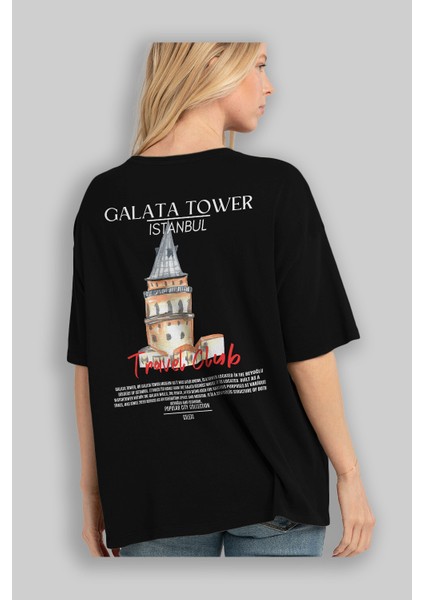 Galata Tower Istanbul Arka Baskılı Oversize T-Shirt Erkek Kadın Pamuk Bisiklet Yaka Tişort fırsatları